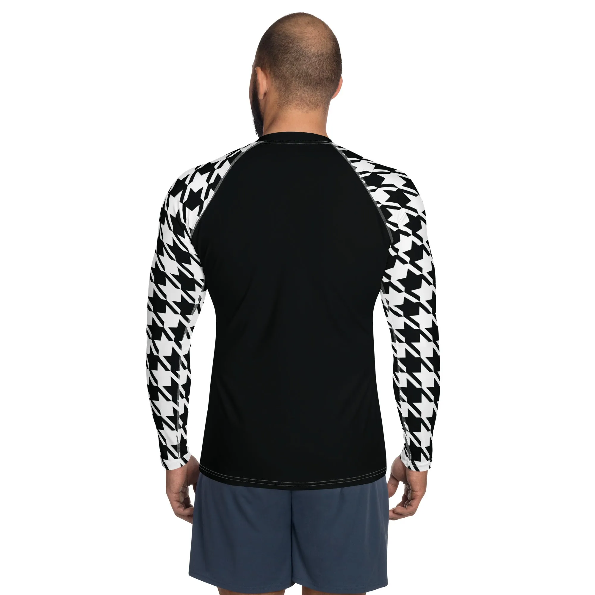 Refined Defense: Men's Long Sleeve Classic Jiu-Jitsu BJJ Houndstooth Rashie Noir