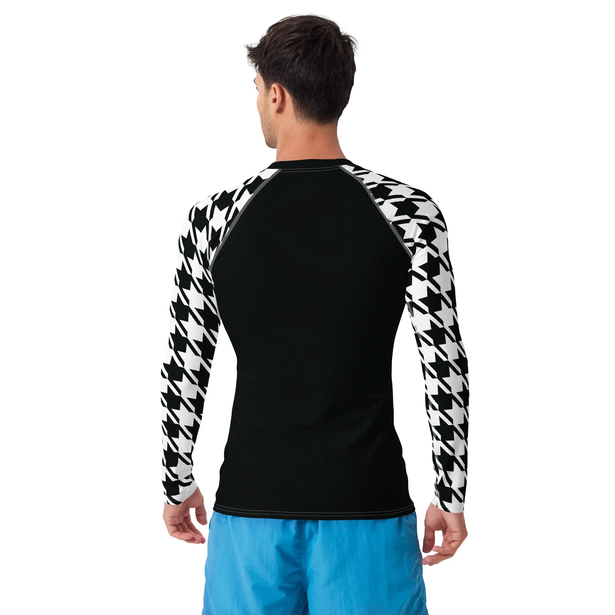 Refined Defense: Men's Long Sleeve Classic Jiu-Jitsu BJJ Houndstooth Rashie Noir