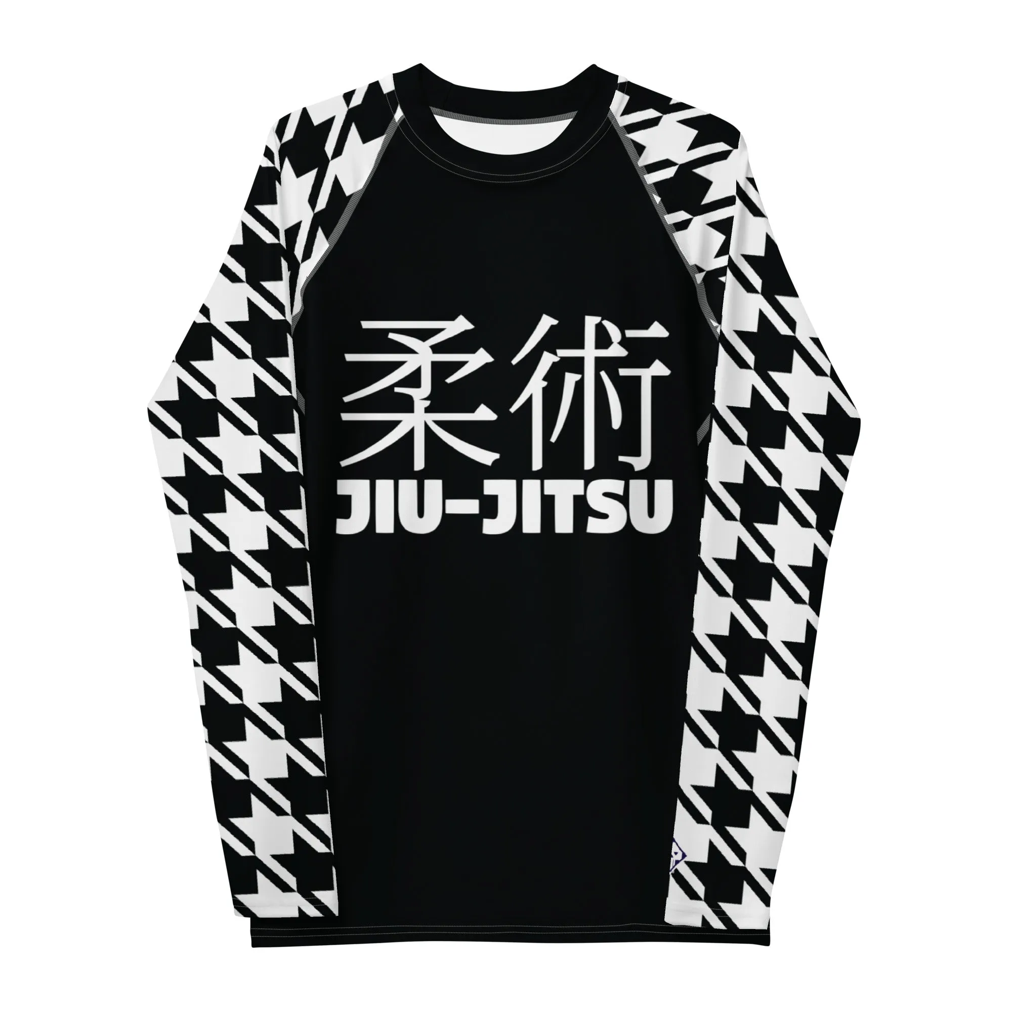 Refined Defense: Men's Long Sleeve Classic Jiu-Jitsu BJJ Houndstooth Rashie Noir