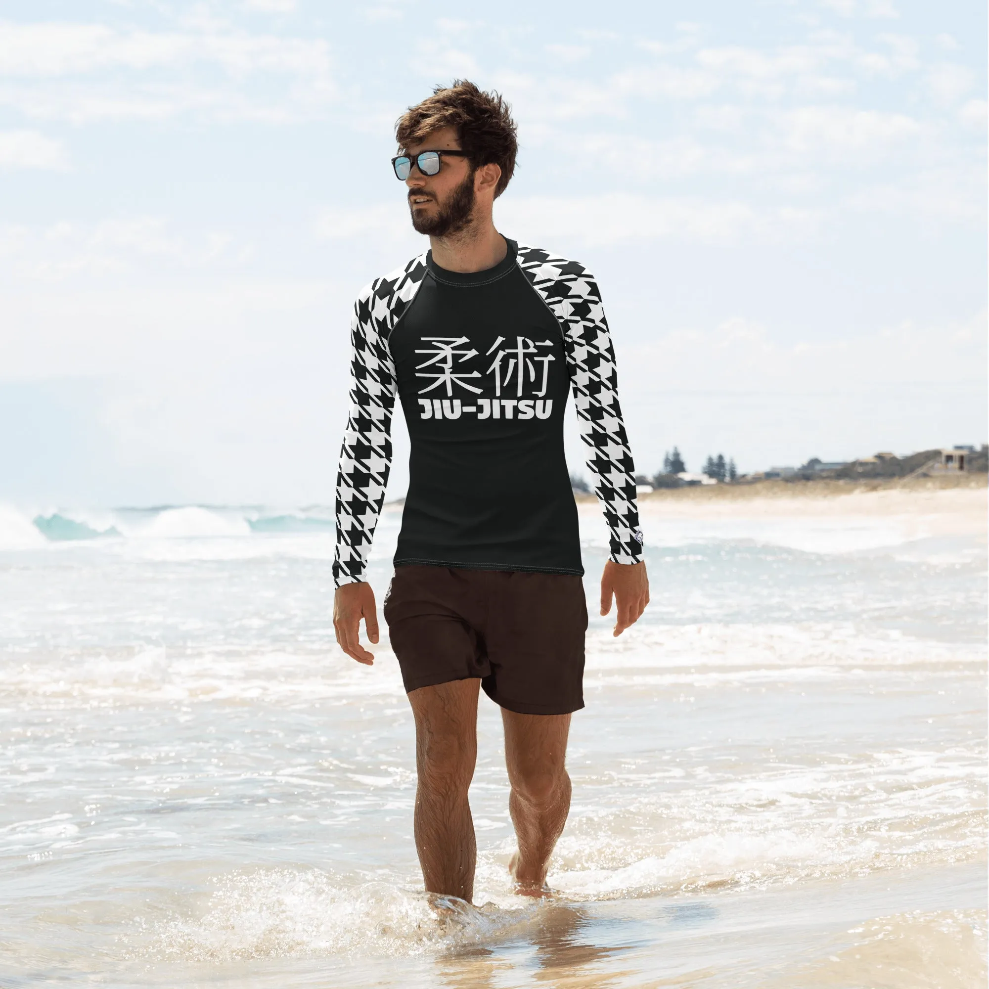 Refined Defense: Men's Long Sleeve Classic Jiu-Jitsu BJJ Houndstooth Rashie Noir