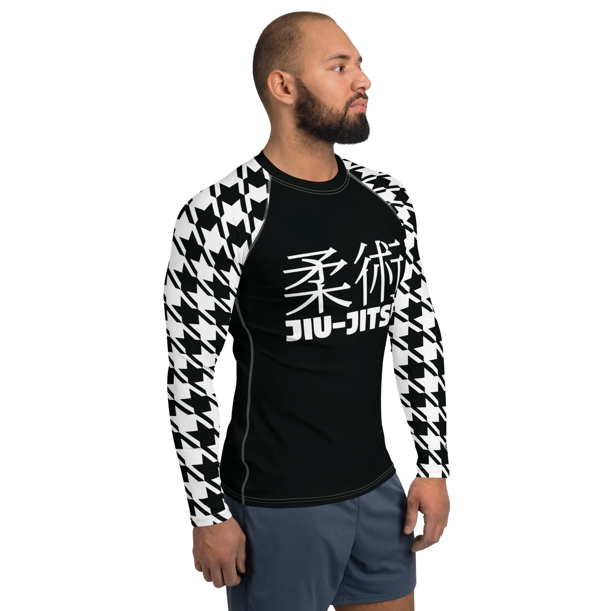 Refined Defense: Men's Long Sleeve Classic Jiu-Jitsu BJJ Houndstooth Rashie Noir