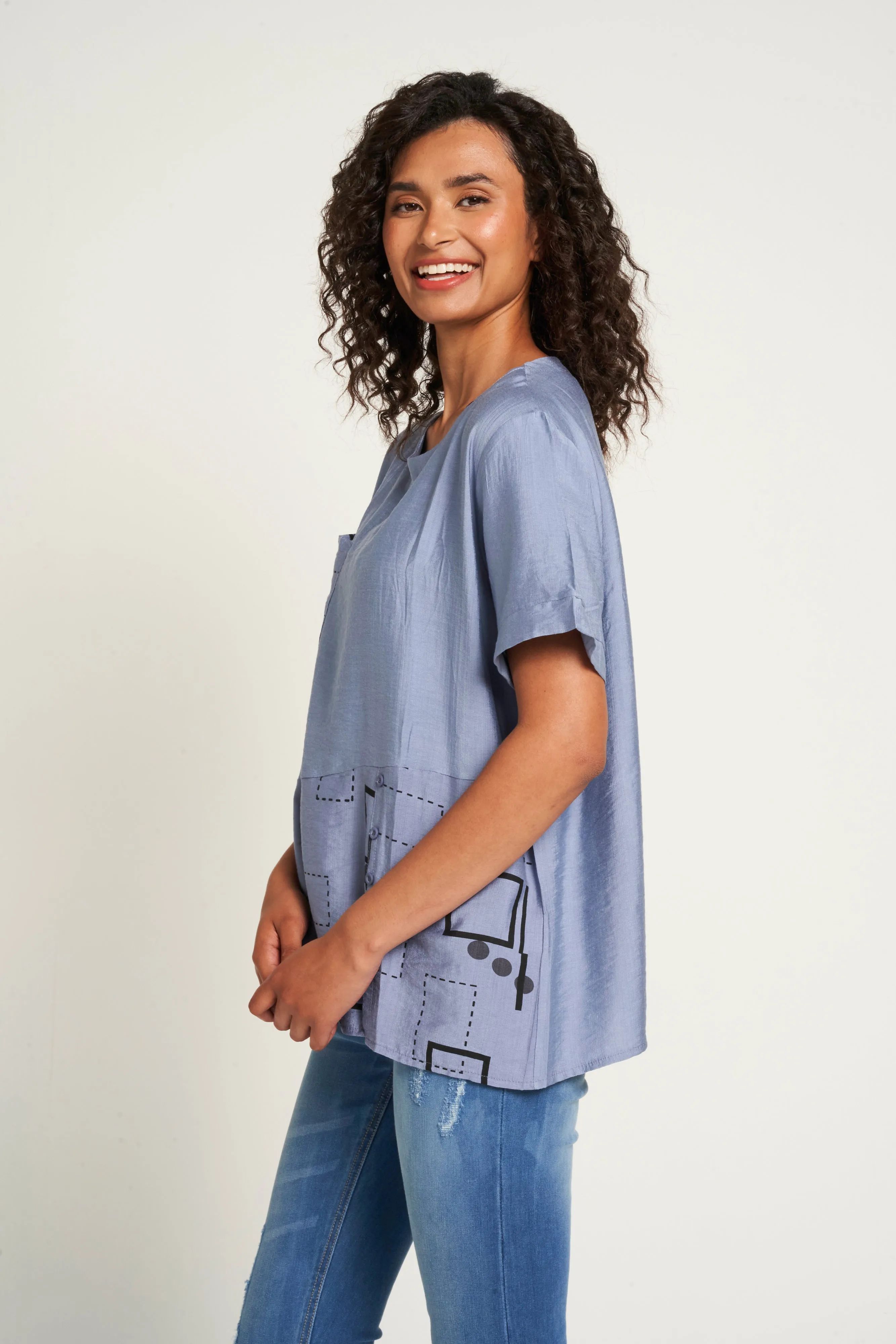 Saloos Print/Plain Panelled Top with Front Pocket