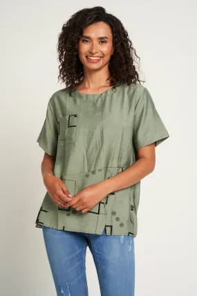 Saloos Print/Plain Panelled Top with Front Pocket