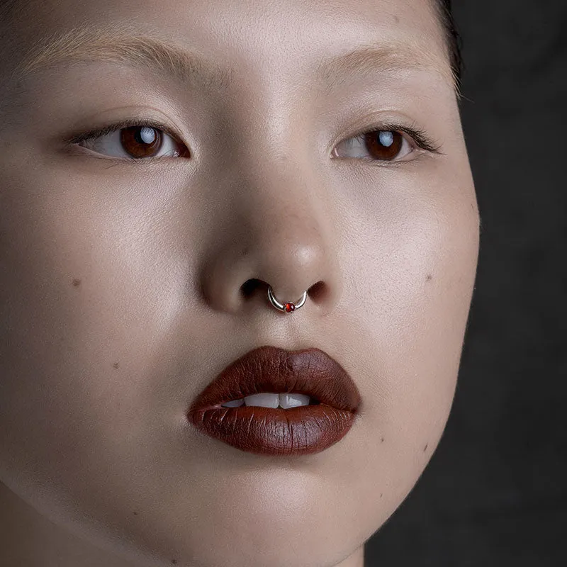 SERAPHINA. Garnet Septum Clicker Ring - Silver