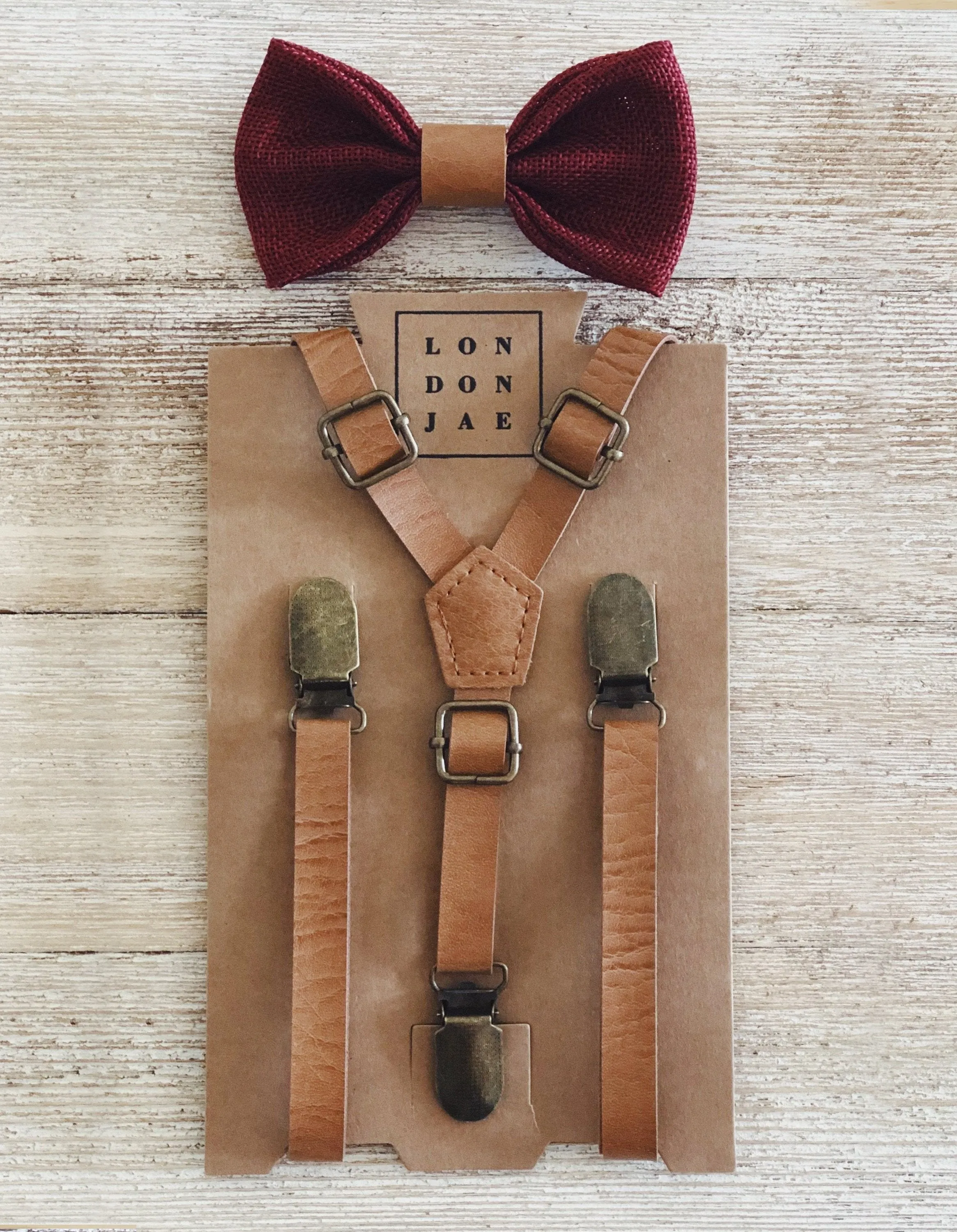 Skinny Vintage Tan Suspenders with Vintage Center Wine Bow