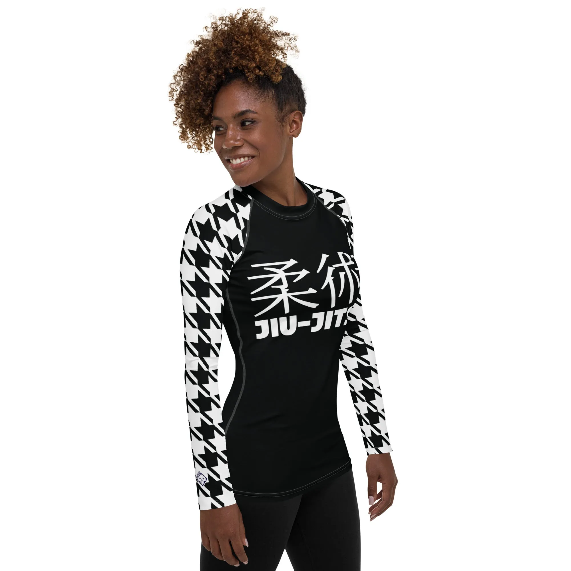 Sleek Sophistication: Women's Jiu-Jitsu Houndstooth BJJ Rash Guard Noir