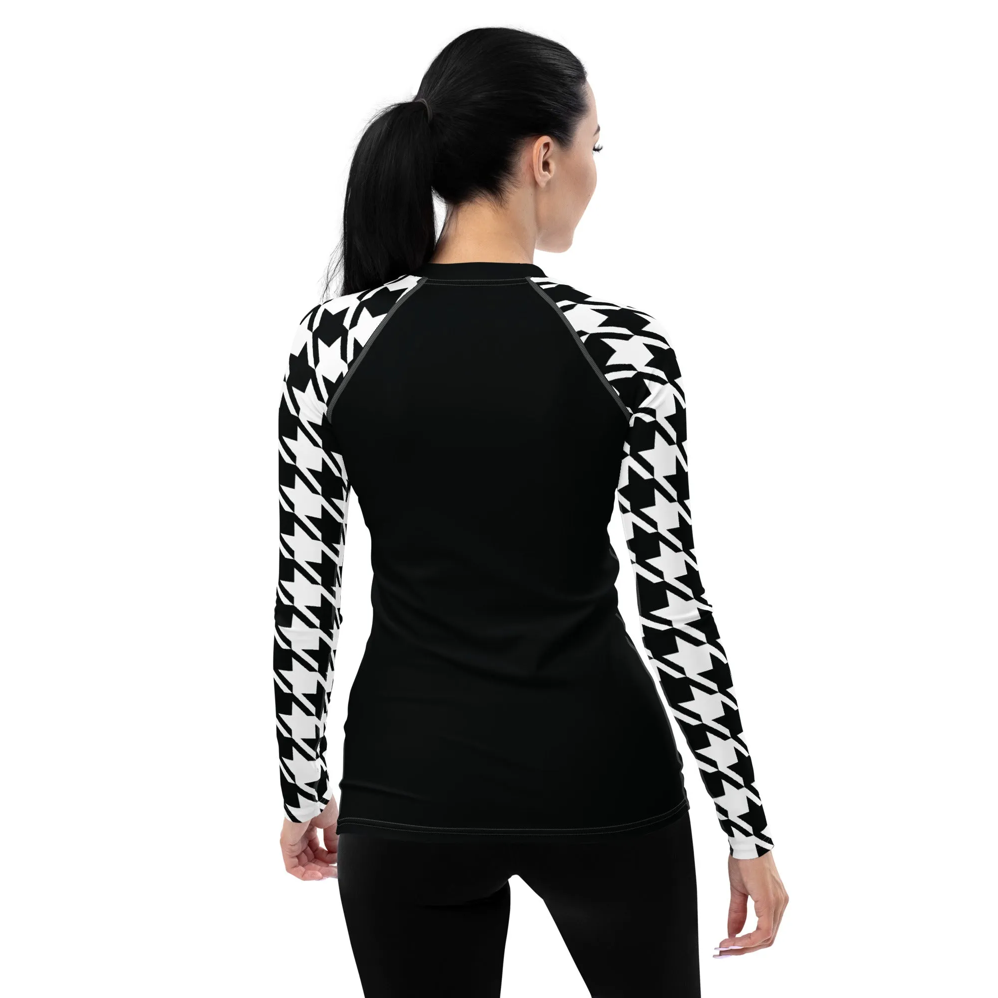 Sleek Sophistication: Women's Jiu-Jitsu Houndstooth BJJ Rash Guard Noir