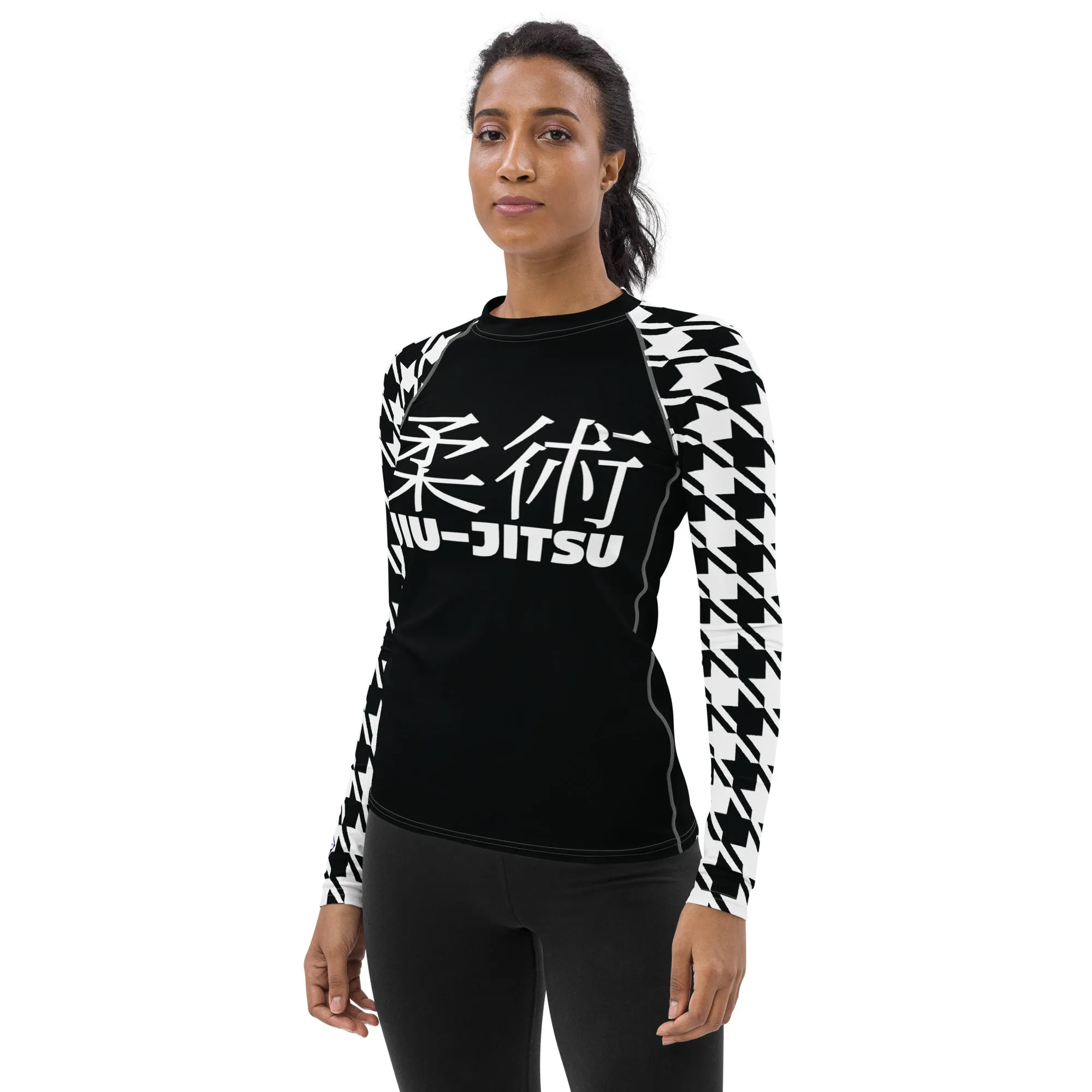 Sleek Sophistication: Women's Jiu-Jitsu Houndstooth BJJ Rash Guard Noir