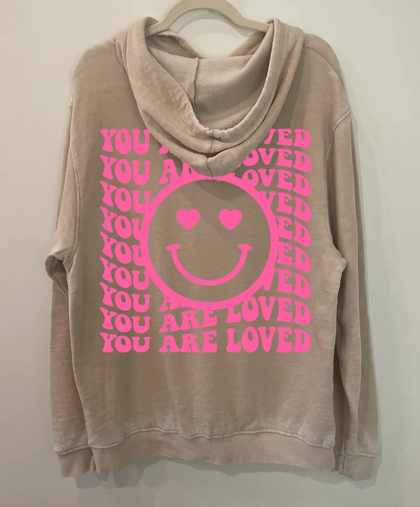 'You Are Loved' Happy Face Burnout Hoodie - Oatmeal   Neon Pink