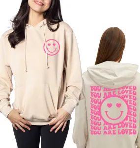 'You Are Loved' Happy Face Burnout Hoodie - Oatmeal   Neon Pink