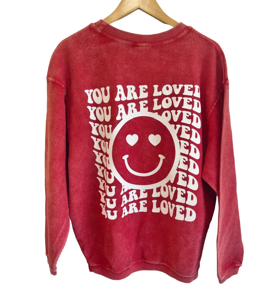 'You are Loved' Happy Face Corded Pullover - Red